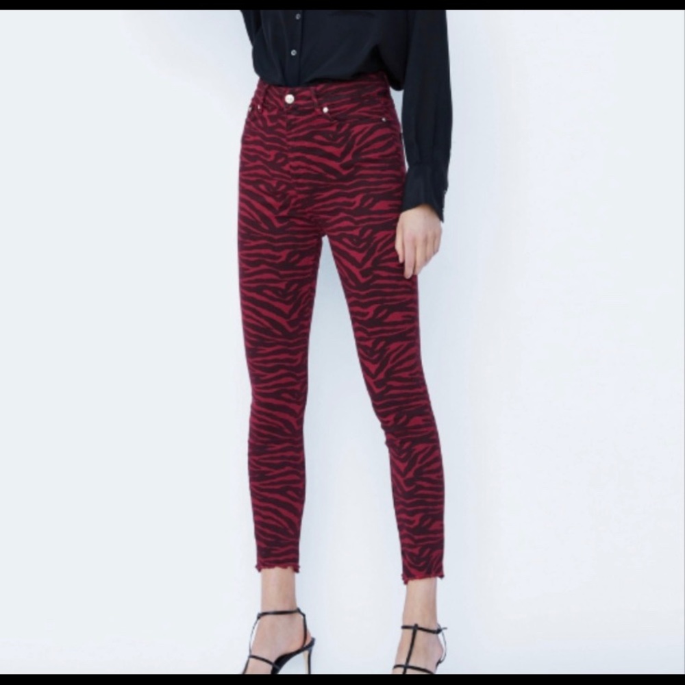 Zara Premium Red Zebra High Waist Jeans Size 4